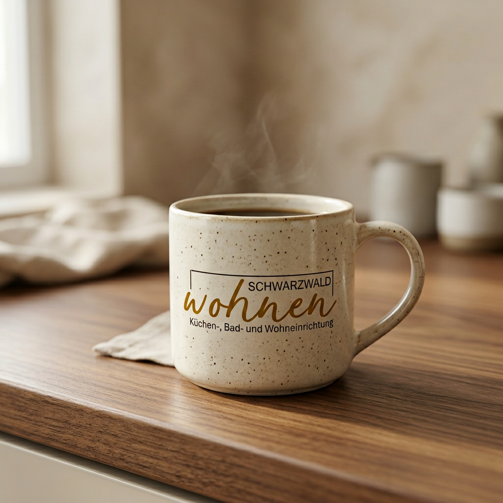 Schwarzwald Wohnen Kaffeebecher auf warmer Holzarbeitsplatte